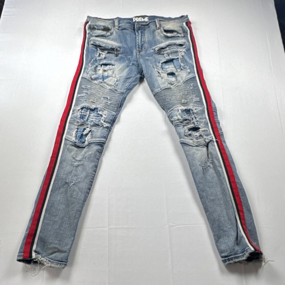 PREME Distressed Skinny Light Blue Denim Jeans Stripe Button Zip Mens 34